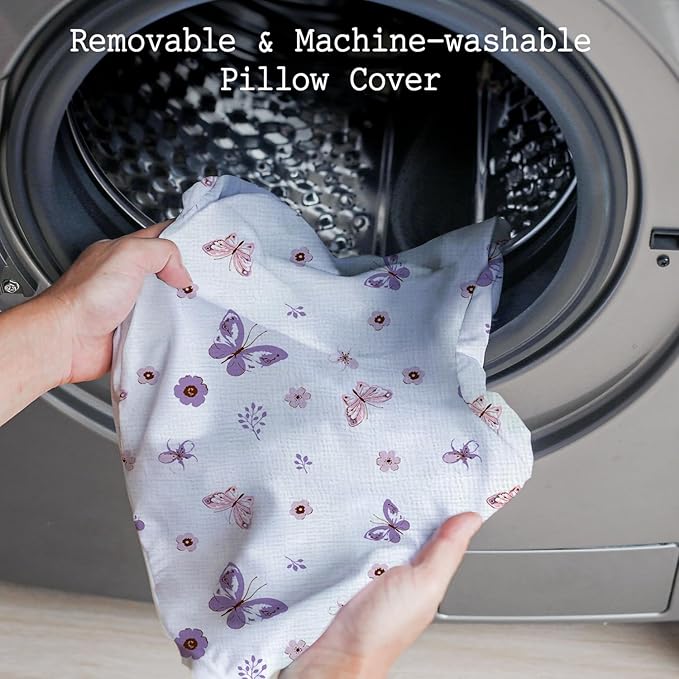 Little Grape Land Nursing Pillow, Soft 100% Cotton Breastfeeding Pillow with Breathable Muslin Removable Cover, Purple Butterfly Breast Feeding Pillows for Babies 0-12 Months with Protective Zipper