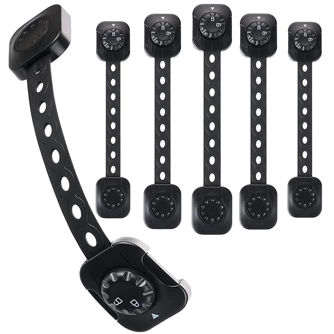 Cabinet Locks Baby Proofing, Child Safety Drawer Locks -Adjustable Child Safety Strap Locks Adhesive Baby Door Latch for Fridge Toilet Oven No Drill Multi-Purpose Furniture Kitchen Lock Black 6 Pack