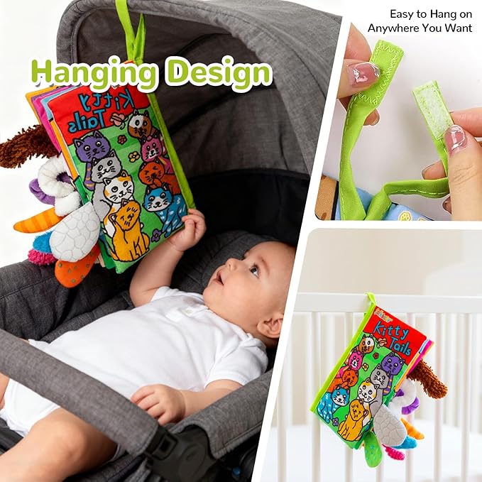 HECCEI Baby Cloth Books Soft Baby Book 0-6 Months Crinkle Books with Kitten Tails Touch and Feel Sensory Toys for Infant Tummy Time for 3 Months+ Easter Basket Stuffers