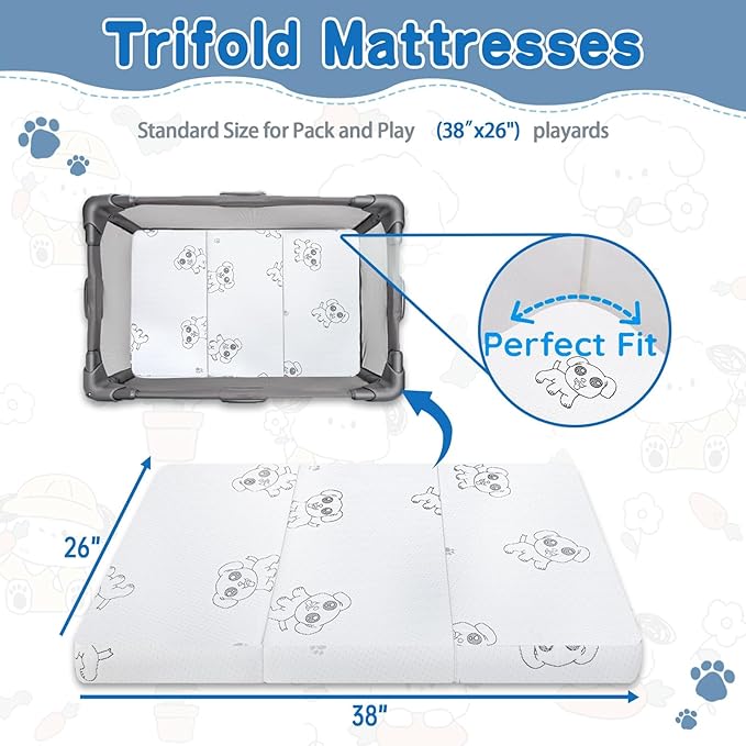 WEVFGHI Trifold Pack and Play Mattress, 38"x 26" Pack N Play Mattresses Pad with Carry Bag, Premium Memory Foam Mattress for Pack and Play Washable Cover