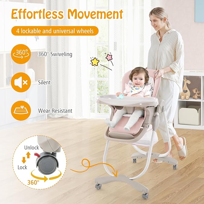 HONEY JOY Baby High Chair, Foldable High Chairs for Babies and Toddlers, Adjustable Heights, Recline Backrest & Footrest, Double-Layer Tray & Cushion, Portable Infant Highchair with Wheels (Pink)