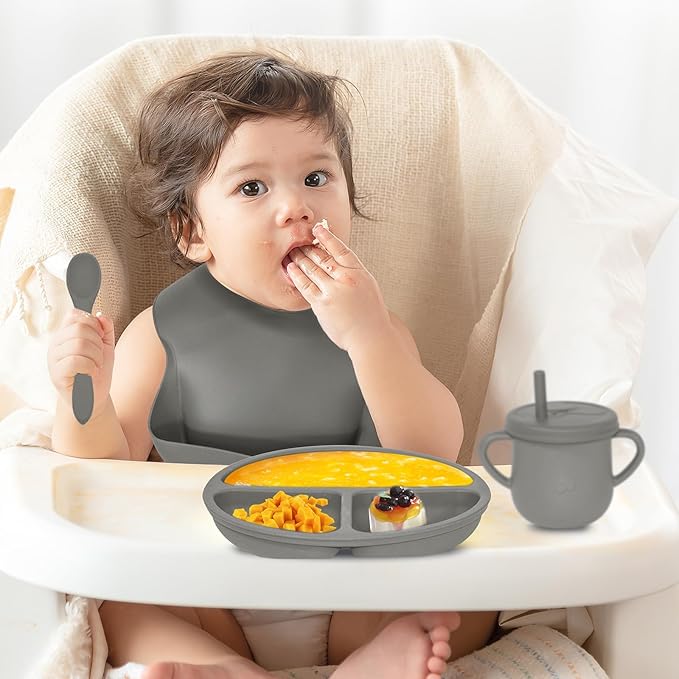 Dormlony 100% Silicone baby feeding set,BPA free Baby dishes set with Suction Bowl Divided Plate,Toddler Self Feeding Dish Set with Spoons Forks Sippy Cup And Bib, Baby Eating Utensils (Grey)