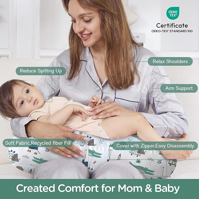 Little Grape Land Nursing Pillow, Upgraded Breastfeeding Pillow for Mom, Breastfeeding Bottle Feeding for 0–16 Months, Machine Washable Cover with Firm Breathable Filling for Tummy Time, Alligator