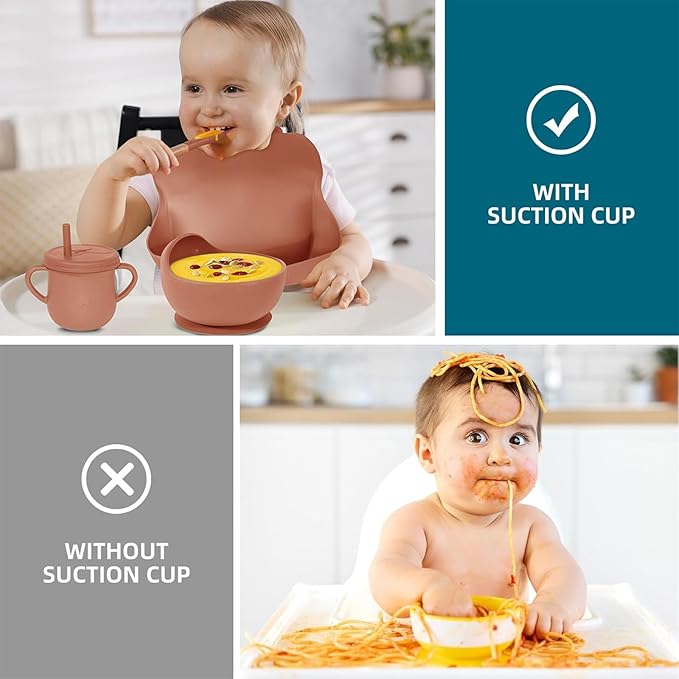 Dormlony 100% Silicone Baby Feeding Set, 9 Pcs: Bib, Divided Plate, Bowl, Sippy Cup, Spoons & Forks (Carrot)