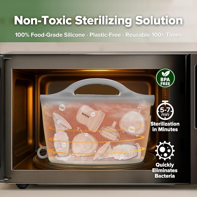 Haakaa Silicone Microwave Steamer & Steriliser Bag, 70oz/2000ml Large Capacity Reusable Steaming Bags for Baby Bottles, Breast Pump, Accessories, Pacifiers,Teethers, Great for Home&On The Go,Grey/2PCS