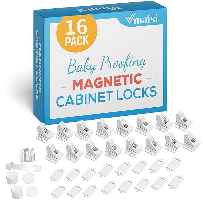 Vmaisi 16 Pack Child Safety Magnetic Cabinet Locks - Children Proof Cupboard Baby Locks Latches - Adhesive for Cabinets & Drawers and Screws Fixed for Protection
