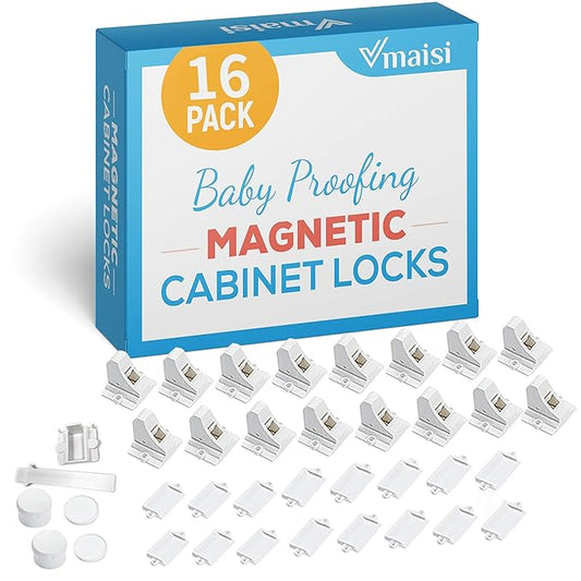Vmaisi 16 Pack Child Safety Magnetic Cabinet Locks - Children Proof Cupboard Baby Locks Latches - Adhesive for Cabinets & Drawers and Screws Fixed for Protection
