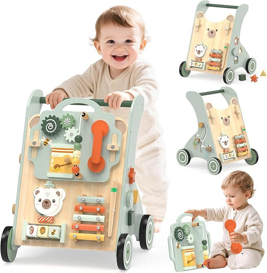 WOODMAM Wooden Baby Walker, Adjustable Speed Baby Push Walker for 1 Year Old, 10-in-1 Montessori Walker for Boys & Girls, Toddler Sit-to-Stand Learning Toy with Detachable Busy Board