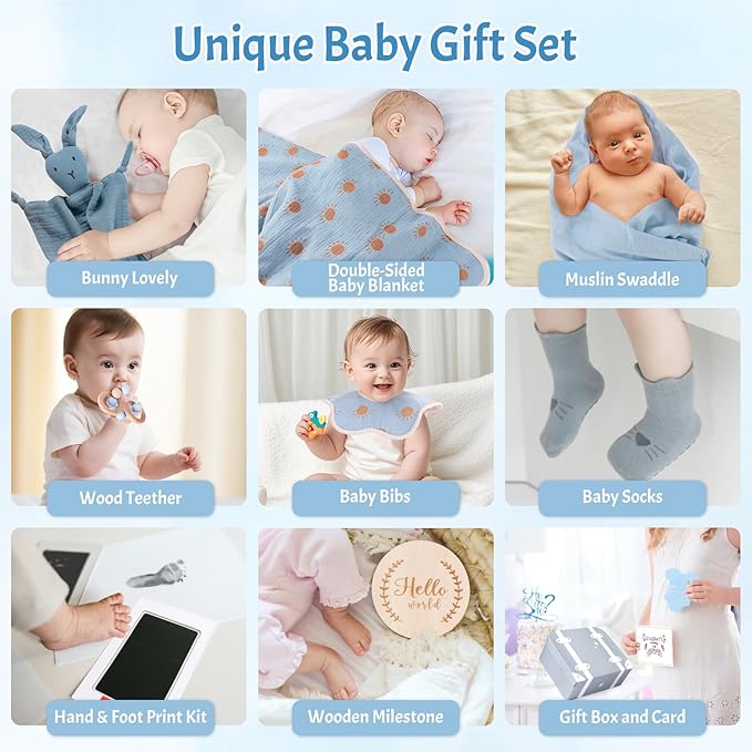 Baby Shower Gifts for Boys, Baby Boy Gifts & Newborn Essentials Bunny Lovey Security Blanket Wooden Milestone Card Infant Rattle Toy, Neworn Boy Gift Basket Set