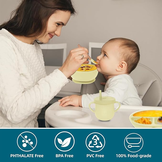 Dormlony 100% Silicone Baby Feeding Set,BPA Free Baby Dishes Set with Suction Bowl Divided Plate,Toddler Self Feeding Dish Set with Spoons Forks Sippy Cup and Bib, Baby Eating Utensils (Yellow)