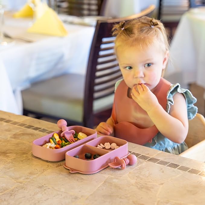 Travel Silicone Baby Feeding Set - Portable Toddler Plates with Suction, Soft Baby Spoon & Fork, Lightweight Foldable Silicone Bib & Waterproof Storage Bag – 6 Piece Set (dark pink)