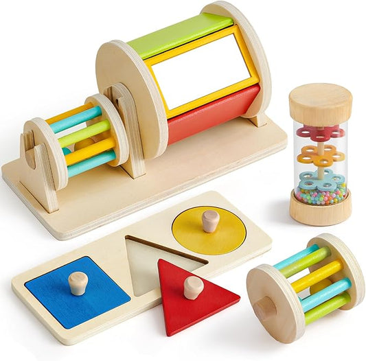 Toyssa Wooden Montessori Toys for Babies 6-12 months with Rainbow Color and Mirror Spinning Drum/Baby Shape puzzle 6-12 months/Sensory Toys Rain Rattle, Montessori Toys Gifts for Toddlers 1 Years Old