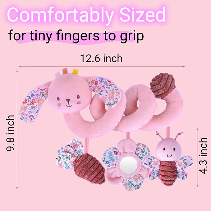 Spiral Car Seat Toy for Babies 0-6-12 Months Girl, Stroller Hanging Baby Toys 0-3-4-5-7 Month Old Newborn Infant Valentines Day Gift Travel Carseat Mirror Crinkle Bunny Easter Basket Stuffers