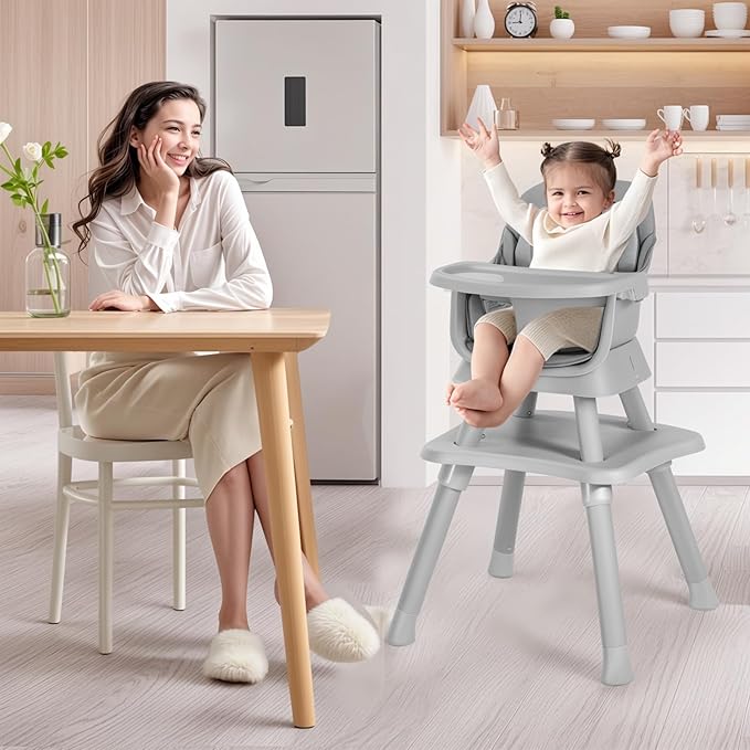 Kinder King Baby High Chair, 8 in 1 Coverts to Dining Booster Seat/Kids Table & Chair Set/Toddler Building Block Table/Kids Stool, Removable Tray & Double Seat Cover, Easy to Wipe, Grey