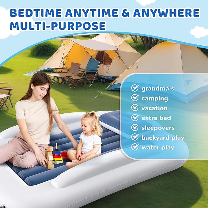 Deeteck Inflatable Toddler Travel Bed - 60 Inches Portable Toddler Bed for Travel with Safety Sides - Cozy Kids Air Mattress with Built-in Electric Pump &Carry Case - Easy to Inflate - Sea Blue