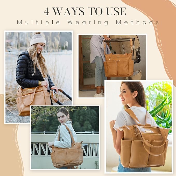 miss fong Diaper Bag Tote Baby Bag Leather Diaper Bag Backpack Large Diaper Tote Bag with 11 Pockets Pañaleras Para Bebe with Diaper Changing Pad, Stroller Straps,4 Insulated Pockets