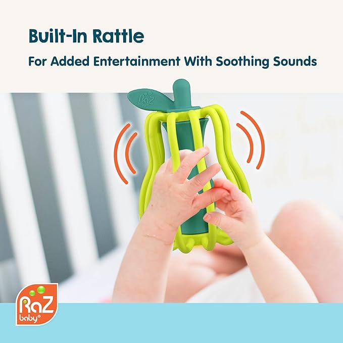 RaZbaby RaZ-Apple Silicone Teether & Rattle Toy – Soft, Flexible & Easy to Hold, Soothing Sounds for Entertainment, Textured for Teething Relief, Nipple-Shaped Stem for Comfort – BPA-Free, 3M+
