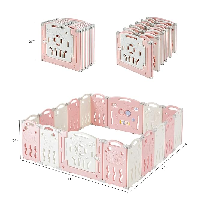 Albott Baby Playpen, 18 Panels Upgraded Portable Foldable Baby Fence with Game Panel and Safety Gate, Adjustable Shape, Ideal for Children Toddlers Indoors or Outdoors (White+Pink, 18 Panel)