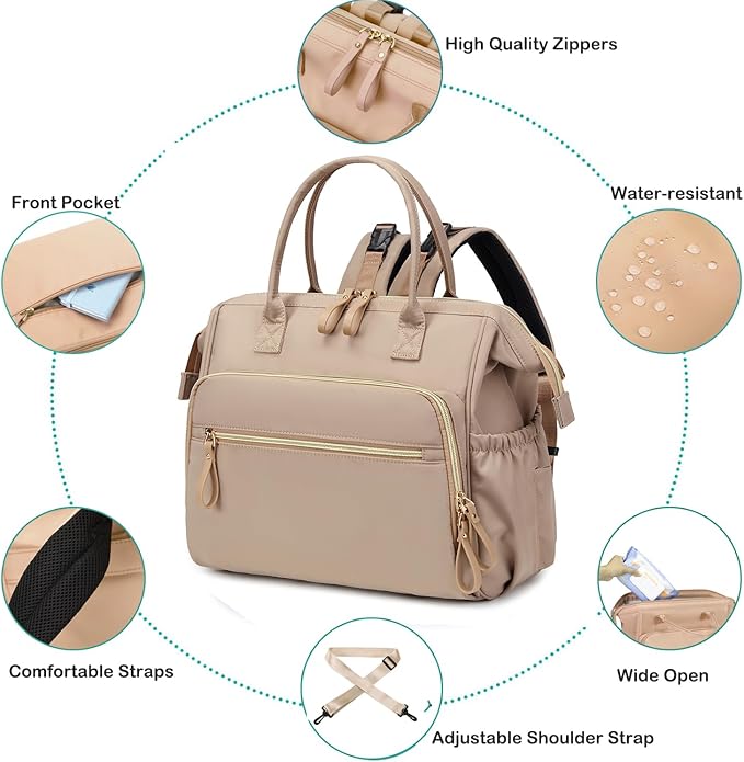 Large Diaper Bag Tote, 14 Pockets Stylish Baby Bag with Stroller Clips and 3 Insulated Pockets, Baby Shower Essentials