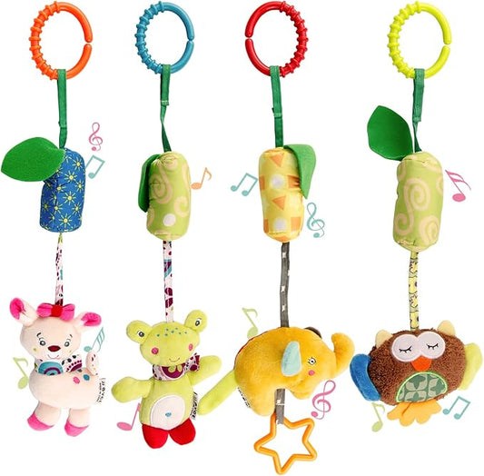 4 Packs Baby Stroller Toys Car Seat Hanging Bell For Boys Girls,Adorable Animal Infant Play Music Crib Toy Carseat Rattles Educational Toys,Kids Hand Bell Puppet With Cute Wind Chime And Squeak