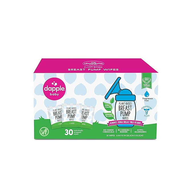 Breast Pump Wipes by Dapple Baby, Hypoallergenic & Powered by Plants, Removes Milk Residue, Leaves No Taste, Singles, Fragrance Free, 30 Count (Pack of 1)
