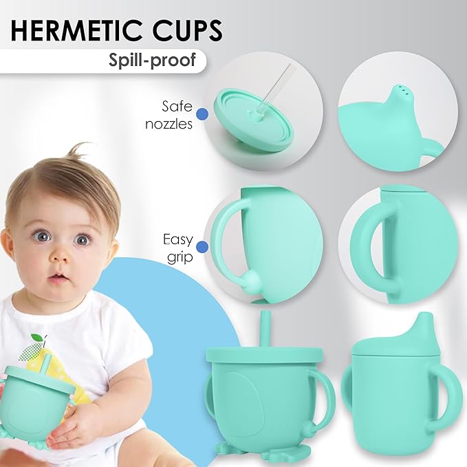 Bluet B- Silicone Feeding Set - Pacifier, Baby Spoons, Suction Bowl, Plate - Baby Utensils - First Foods Set - 11pcs - Green