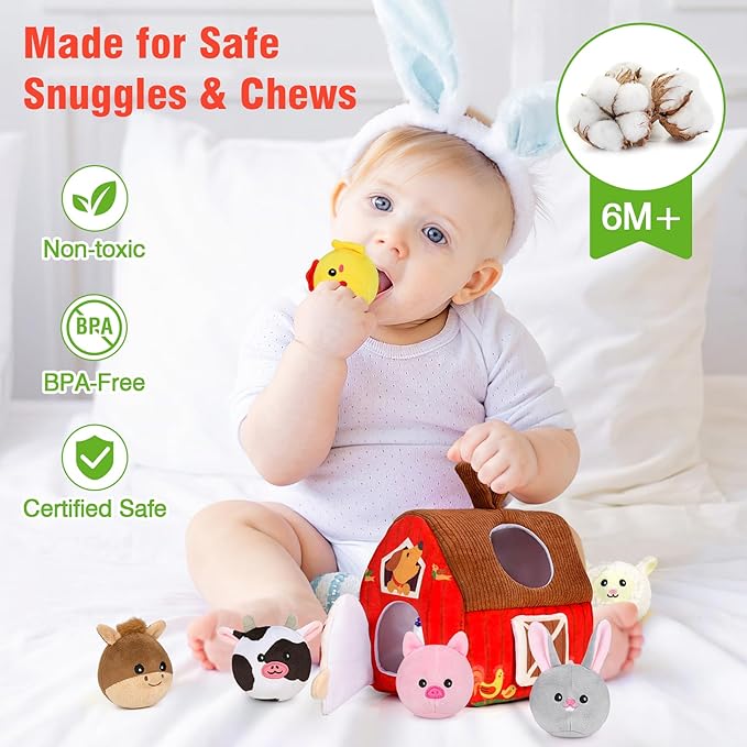 Aojieni Baby Toys 6-12 Months: Plush Surprise Barn with Stuffed Farm Animals, Rattle, Crinkle Paper, Mirror, Busy Montessori Toys for Babies, Infant, Newborn, Sensory Toys for Toddlers 1-3