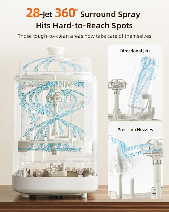 KISSBOBO Baby Bottle Washer, Sterilizer and Dryer 28 Nozzles with 360° Omni-Directional Spray, 72-Hour Clean Storage, Dual-Layer Adjustable Rack for Multiple Bottle Sizes with 60Pcs Detergent Tablets