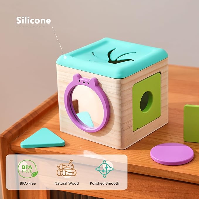 Youuys Wooden Baby Tissue Box Toy - Montessori Tissue Box Toy for Babies 12 Months with 3 Shape Blocks & 8 Silk Paper, Baby Boy Girl Gifts for Babies 12 18 Months Old Birthday Children Day