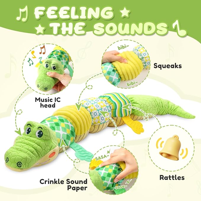 Awotoy Baby Toys 0 to 12 Months, Musical Stuffed Animals Activity Soft Toy with Multi-Sensory Crinkle, Rattle and Textures, Infant Tummy Time Toys for Newborn Boys Girls, Crocodile, Green