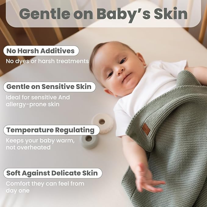 Little Dedi 100% Organic Cotton GOTS Certified Baby Knitted Blanket with Gift Box - Soft Toddler, Crib, Stroller Blanket - Neutral Swaddle and Receiving Blanket for Newborns, 30"x40", Green