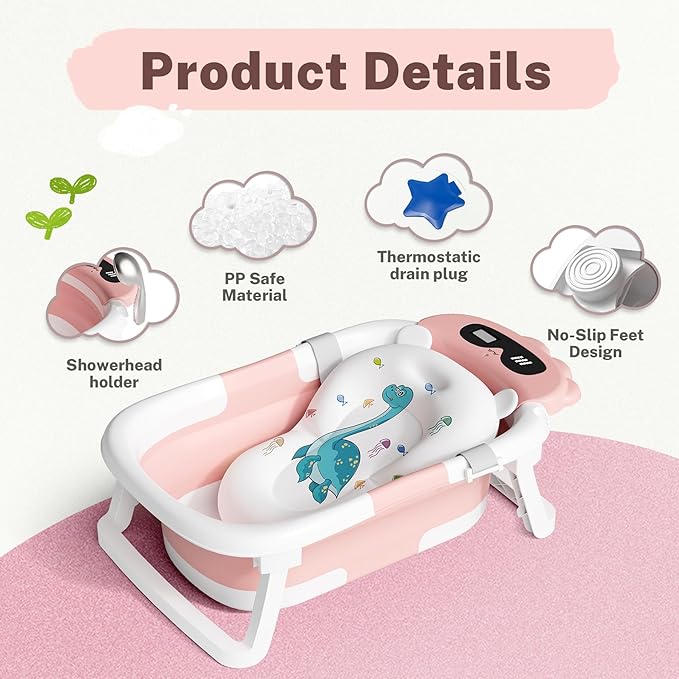 AVIDOR Baby Bathtub,Collapsible Bathtub for Newborn to Toddler,Durable Essential Infant Bath Tub,Portable Travel Baby Tub with Soft Bath Net,No-Slip Feet and Dinosaur Shaped (Pink)