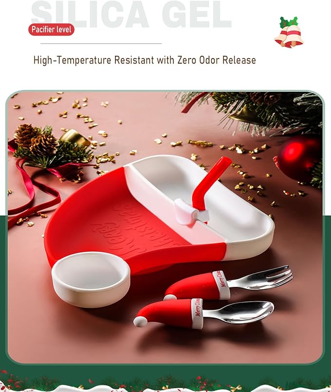 Ecrekhom Silicone Baby Feeding Set 5 Pcs, Weaning Supplies, Christmas Hat Baby Plates Baby Spoon & Fork, Baby Utensils Feeding Essentials