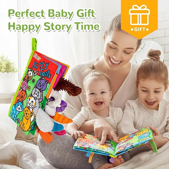 HECCEI Baby Cloth Books Soft Baby Book 0-6 Months Crinkle Books with Kitten Tails Touch and Feel Sensory Toys for Infant Tummy Time for 3 Months+ Easter Basket Stuffers