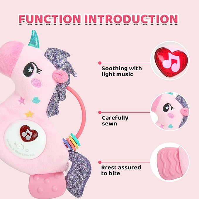 Baby Musical Activity Soft Toys with Sound & Light, Sensory Toys for Infant Developmental with Teether, Rattle and Textures, Soft Plush Toy for Newborn Gift 6 to 12 Months (Pink Unicorn)