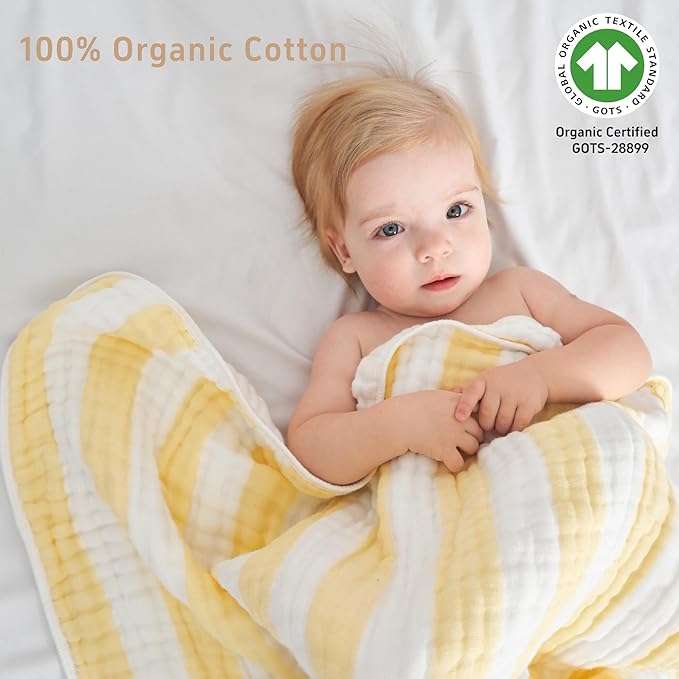 HardNok 4-Pack Muslin Hooded Baby Bath Towel Set - 100% Organic Cotton, (2) 6-Layer 32x32 Towels & (2) Washcloths, Newborn & Infant Gift Set (Yellow Striped & White)