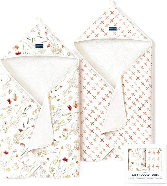 GRSSDER Baby Hooded Towel 2 Pack for Newborn, Super Soft Bath Towels with Original Design, Ultra Absorbent Knit Terry, Large Toddler Towels with Hood for Girls, Shower Gifts for Infant, 34"x 34"