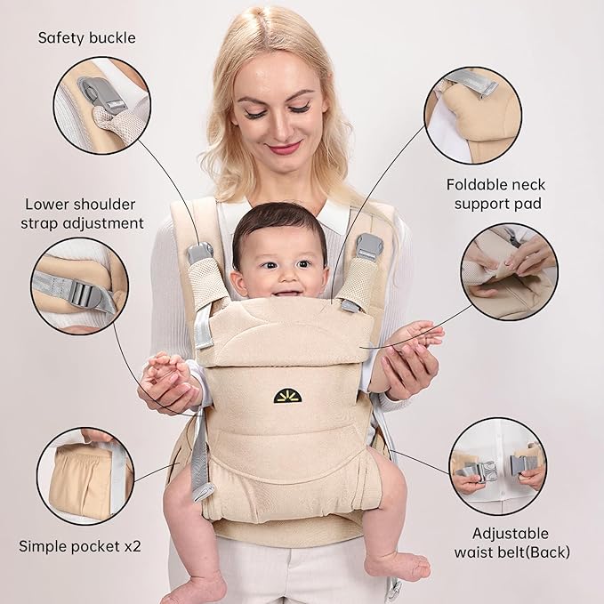 Baby Carrier for Newborns to Toddlers, Adjustable, Ultra-Soft and Weightless, Ergonomic Baby Carrier with Head Support, Baby Travel Gear, Baby Essentials (Beige),