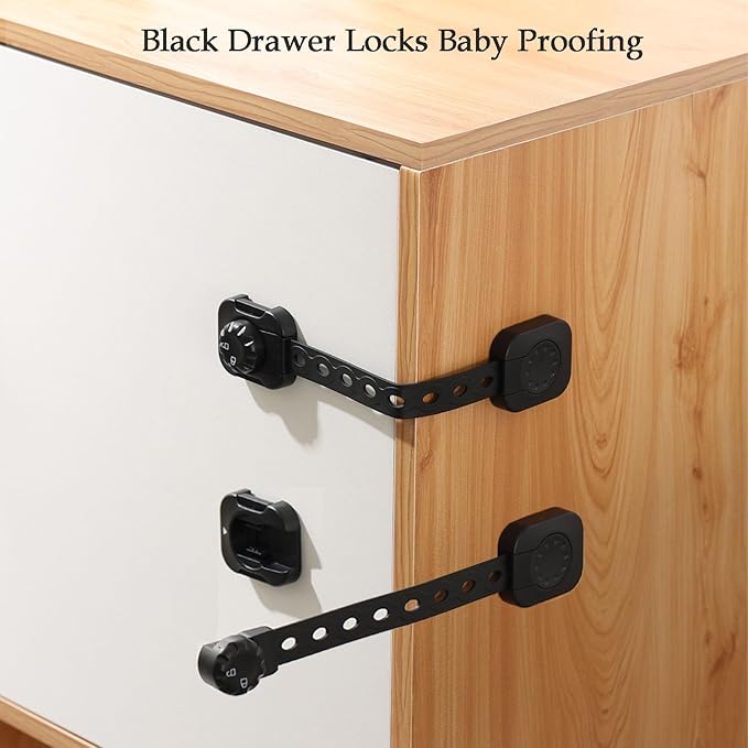 Cabinet Locks Baby Proofing, Child Safety Drawer Locks -Adjustable Child Safety Strap Locks Adhesive Baby Door Latch for Fridge Toilet Oven No Drill Multi-Purpose Furniture Kitchen Lock Black 6 Pack