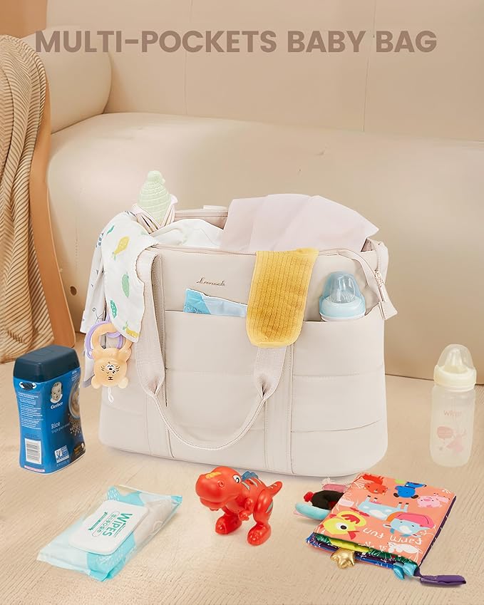 LOVEVOOK Diaper Bag Tote, 15.6inch Puffer Baby Diaper Bag Waterproof Travel Diaper Tote with Changing Pad Pacifier Case