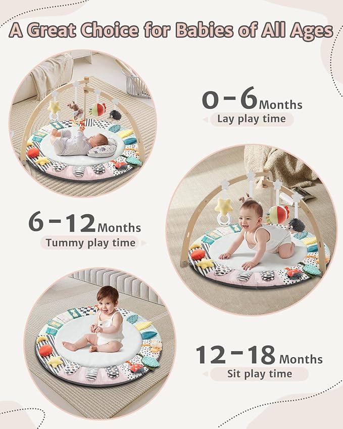 Baby Play Mat Activity Gym,6 Developmental Zones Tummy Time Mat, Foldable Wooden Baby Play Gym with 7 Detachable Sensory Toys for Newborn Brain Development, Essential Baby Shower Set