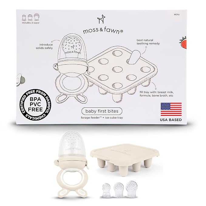 Moss and Fawn Baby's First Bites Bundle - Silicone Frozen Breast Milk Popsicle Kit with Forage Feeder & Teething Popsicle Ice Cube Tray - BPA, PVC, & Lead-Free - Ecru
