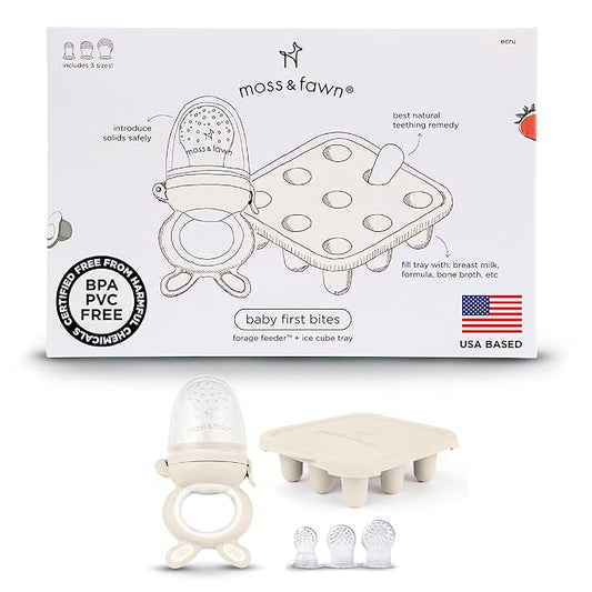 Moss and Fawn Baby's First Bites Bundle - Silicone Frozen Breast Milk Popsicle Kit with Forage Feeder & Teething Popsicle Ice Cube Tray - BPA, PVC, & Lead-Free - Ecru