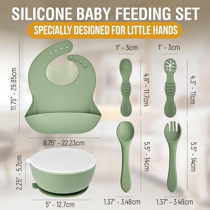 HippoBaby 6 Piece Baby Bowls With Suction and Lids | Toddler Bowl Set with 1 Bowl, 1 Bib, 2 Baby Spoons, 1 Large Spoon, 1 Large Fork, Baby Feeding Essentials (1, Mint)