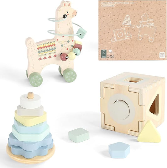 Freniland Montessori Toys for 1 Year Old，3-in-1 Wooden Baby Toys，Wooden Stacking Toy，Toddler Shape Sorting Cube, Llama Ring Toy,Newborn Baby Gift Sets for Boys and Girls