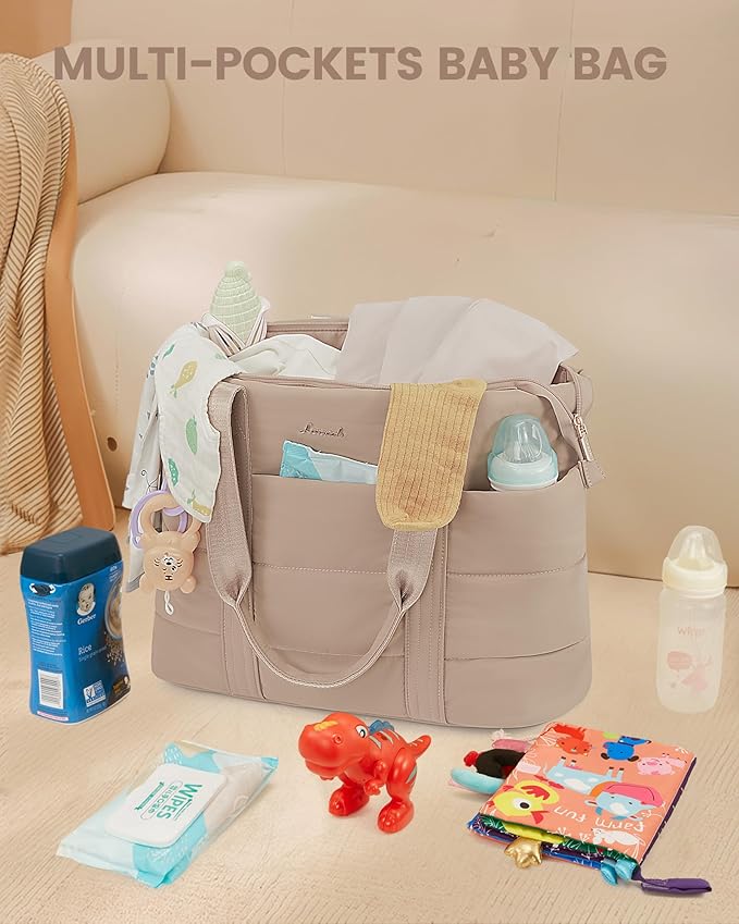 LOVEVOOK Diaper Bag Tote, 15.6inch Puffer Baby Diaper Bag Waterproof Travel Diaper Tote with Changing Pad Pacifier Case