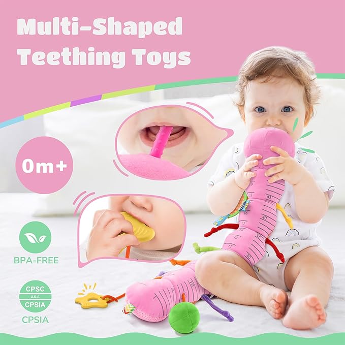AWOTOY Baby Toys 6-12 Months Music Caterpillar Infant Toys Stuffed Animals 0-3-6 Months Teething Tummy Time Sensory Toys with Mirror Rattle&Pull String for Boys Girls Birthday Gifts|Pink,Knot Limb