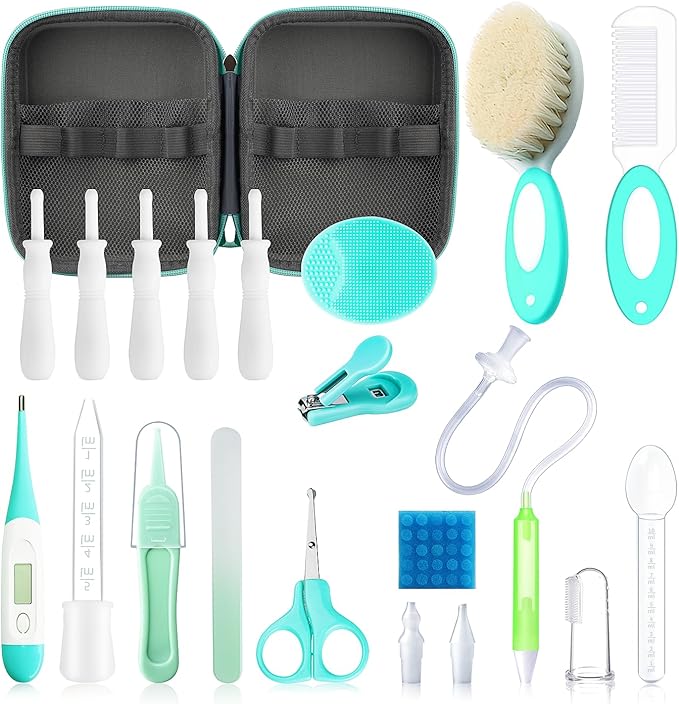 23 in 1 Baby Healthcare and Grooming Kit, Infant Safety Care Set Baby Nursery Kit with Gas Colic Passer Nasal Aspirator Nail Clipper Hair Brush Comb for Newborn Girls Boys (Green))