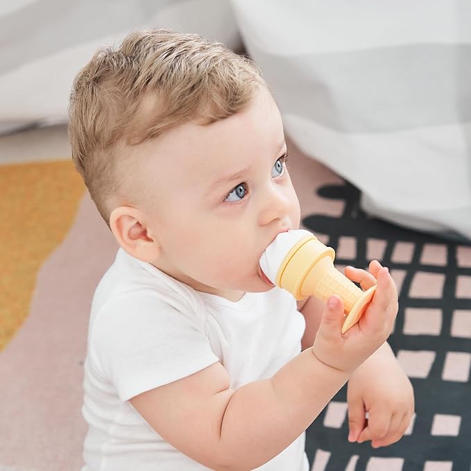 Smily Mia Baby Fruit Food Feeder & Freezer Teether Combo, ICY Bite Ice Cream Teether for Baby Cooling Relief, BPA Free Silicone Feeder for Safe Infant Self Feeding, 3 Month+,Cream White