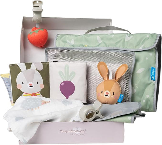 Outdoor Developmental kit, 7 Products Bamboo Swaddle, Baby Soft Book, Pacifier case, Changing mat, Carry Bag, rattling Toy Best for Newborns & up Development Montessori Infant Toys 0-6 Months Babies